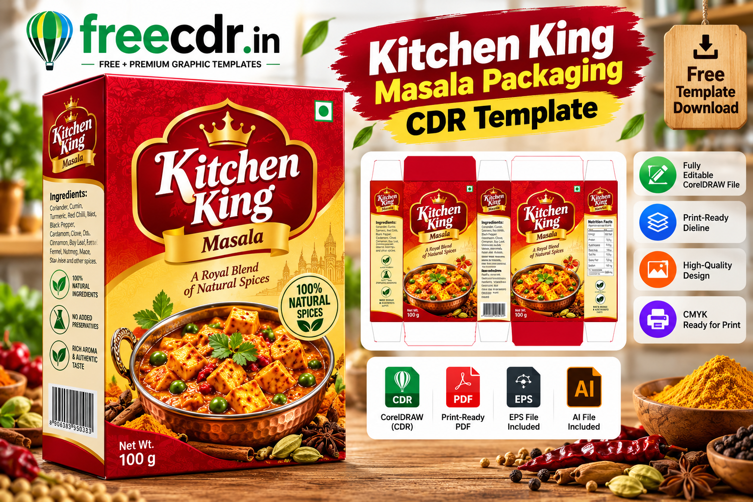 Kitchen King Masala Packaging Design CDR Template | FREECDR