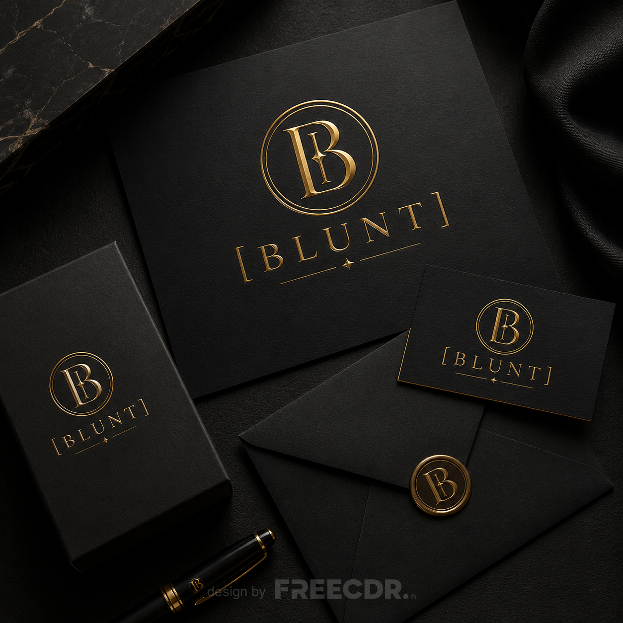Black stationery set with 'Blunt' branding on a dark background cdr template