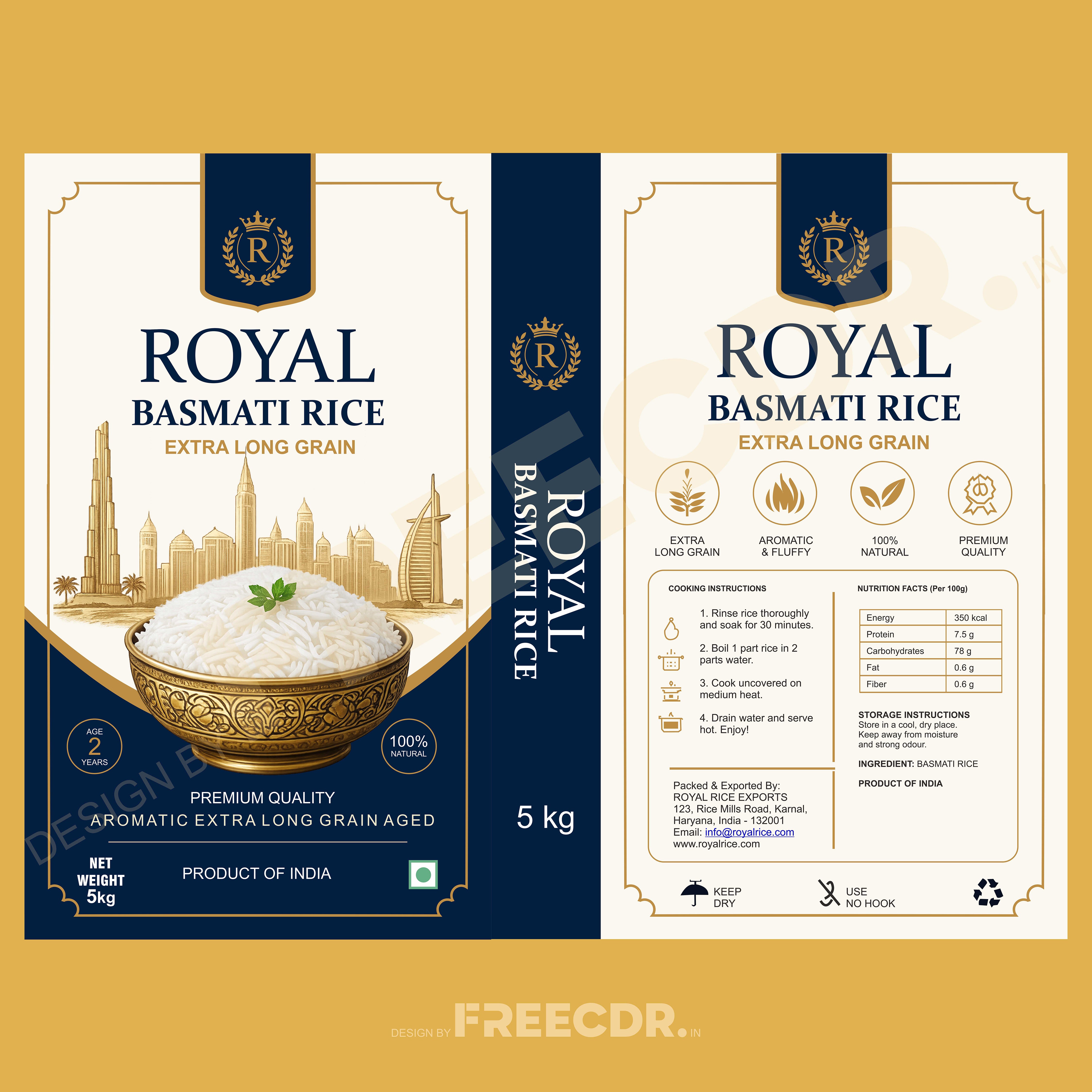 Long Grain Basmati Rice Bag Packaging CDR Template - Free Download for Rice Packaging Designers and Printing Press India