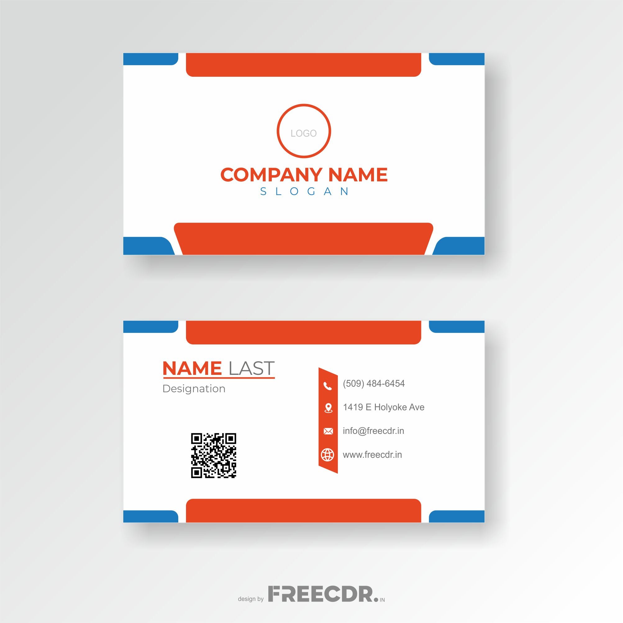 Professional business card free cdr template with orange and blue accents on a white background, featuring a QR code and contact information.
