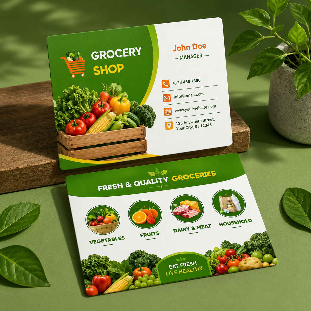Grocery shop business card with green theme and vegetable illustration on a green background
