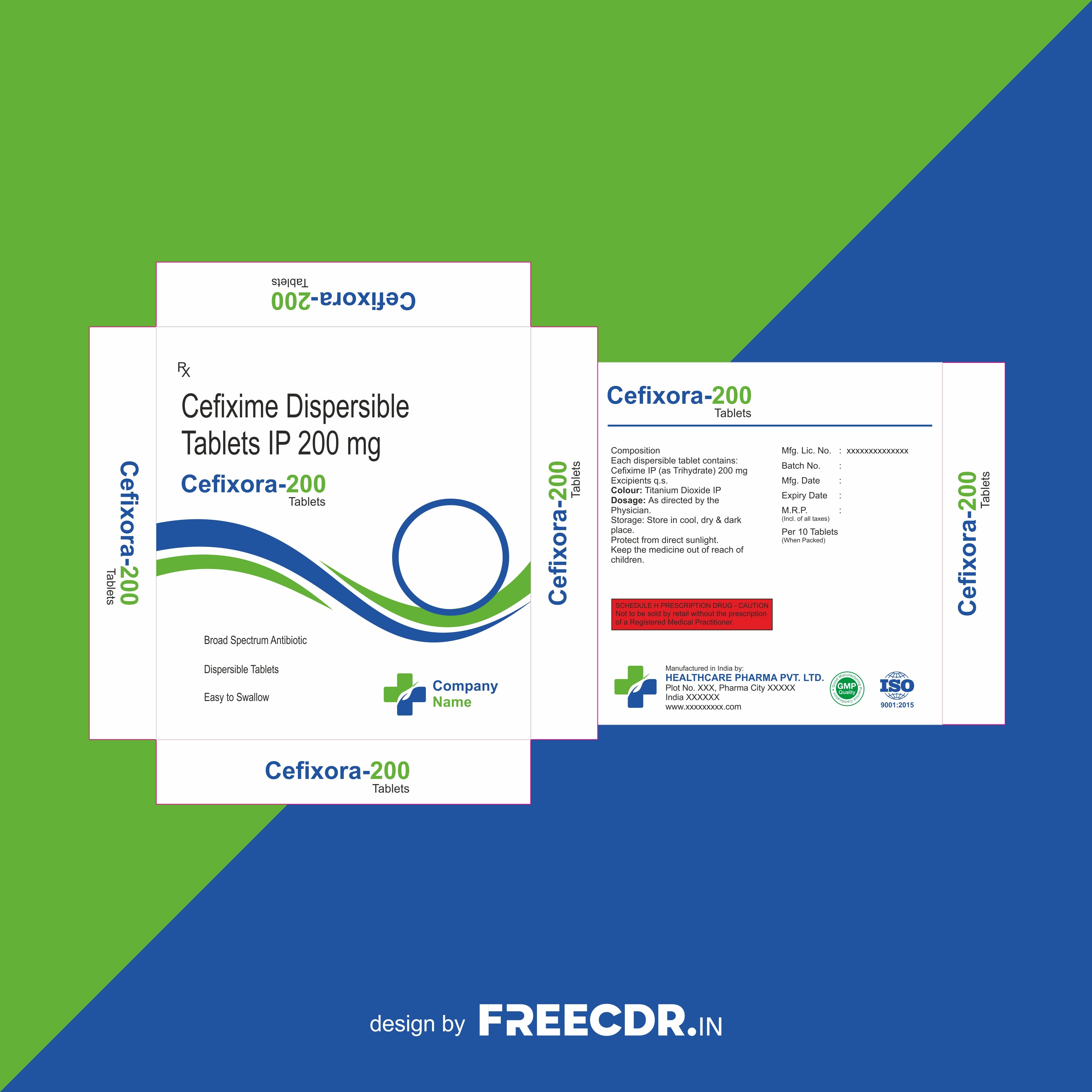 Professional pharmaceutical packaging design template with modern medicine box layout, healthcare branding elements, editable CorelDRAW CDR file, print-ready CMYK design, suitable for pharmaceutical products and medical packaging projects.