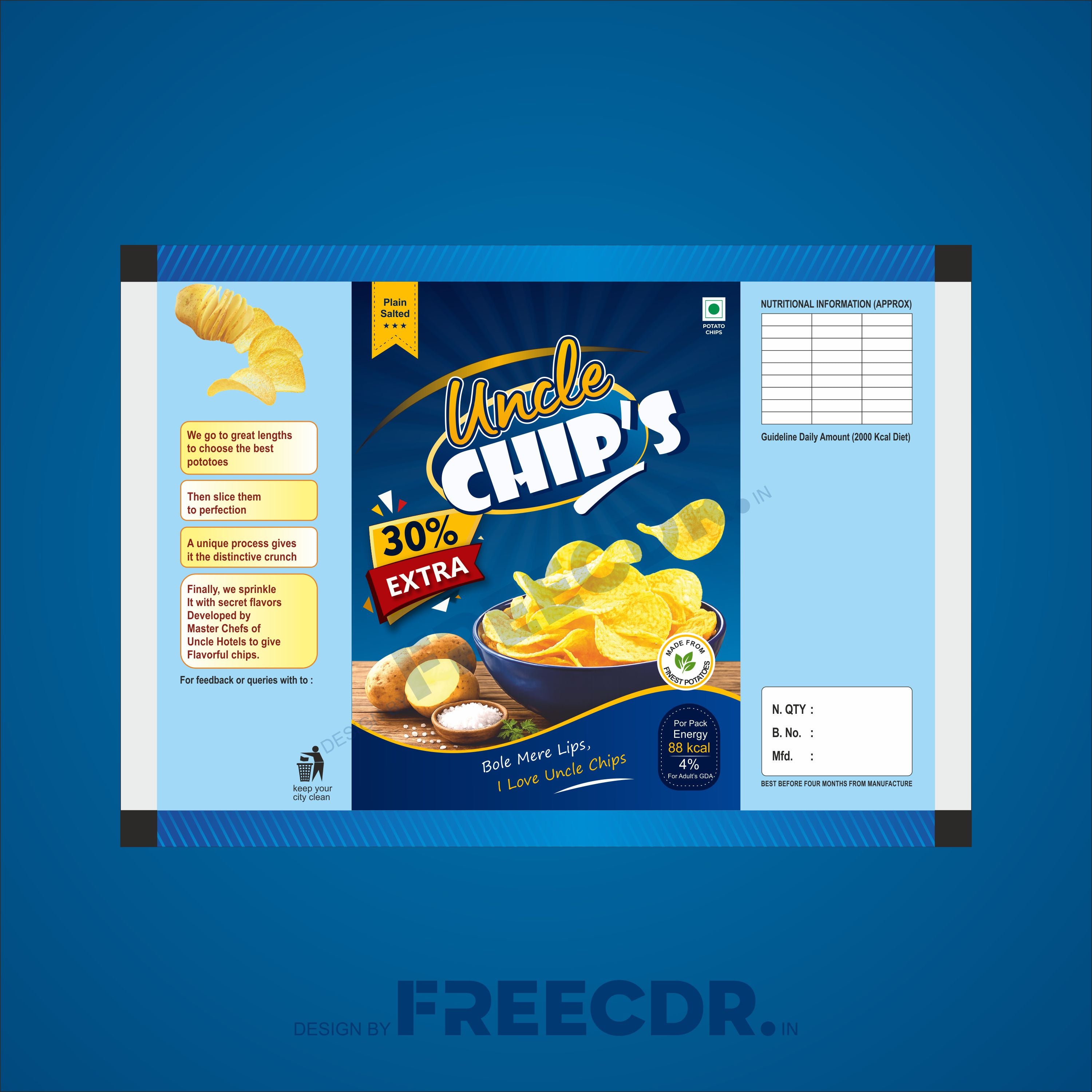 Chips Snack Packaging Pouch CDR Template - Free Download for Namkeen Brands and Food Packaging Designers India