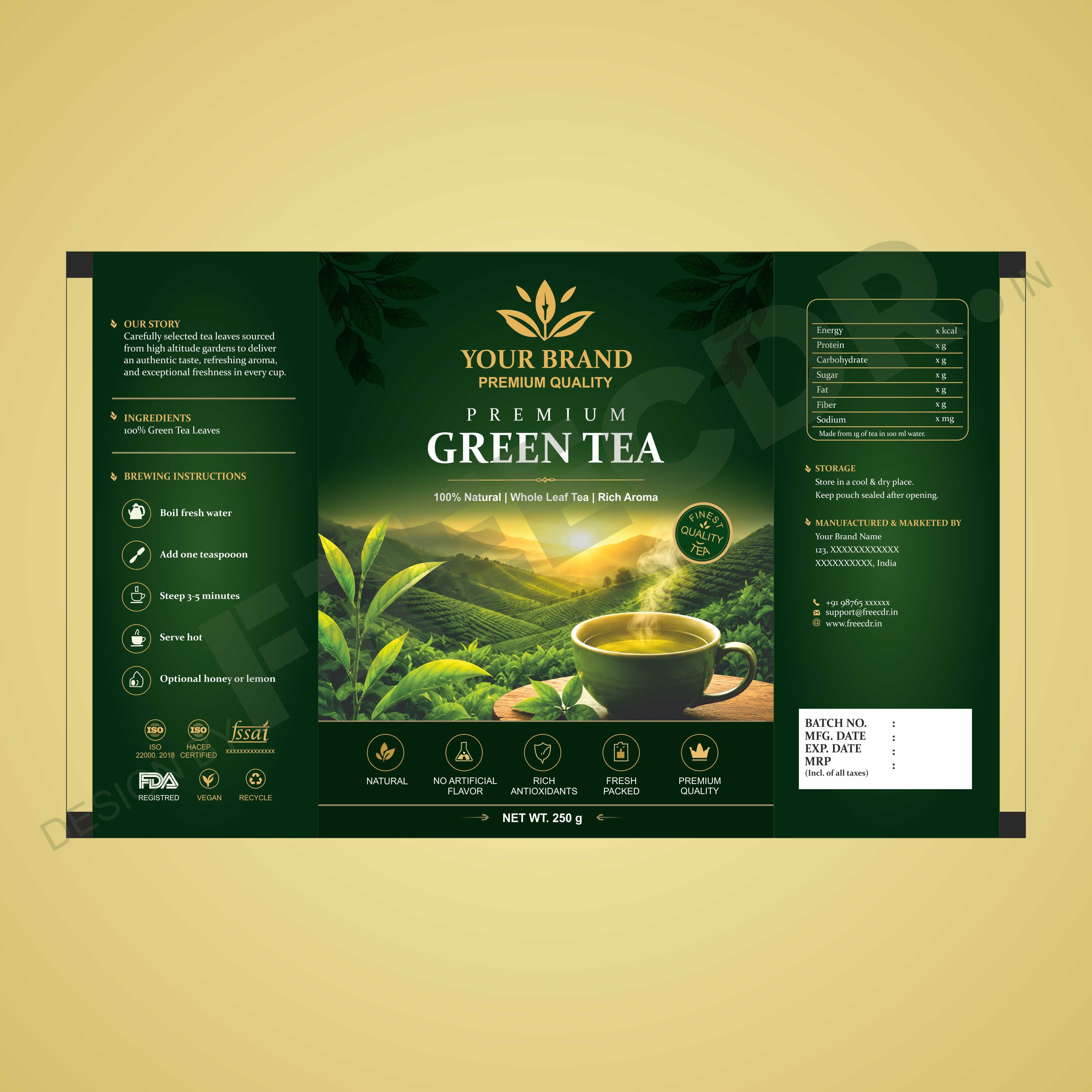 Green Tea Pouch Packaging CDR Template - Free Download for Tea Packaging Designers and Printing Press India