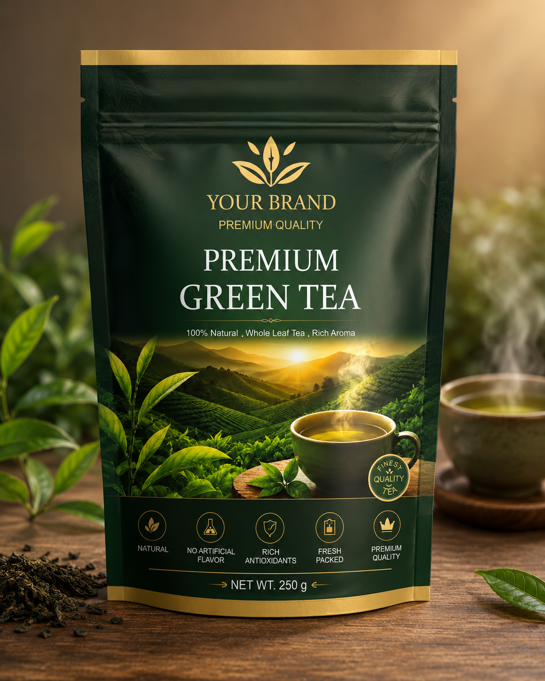 Premium Green Tea Pack Design CDR Template - Free CorelDraw File for Green Tea Brands and Herbal Tea Companies India