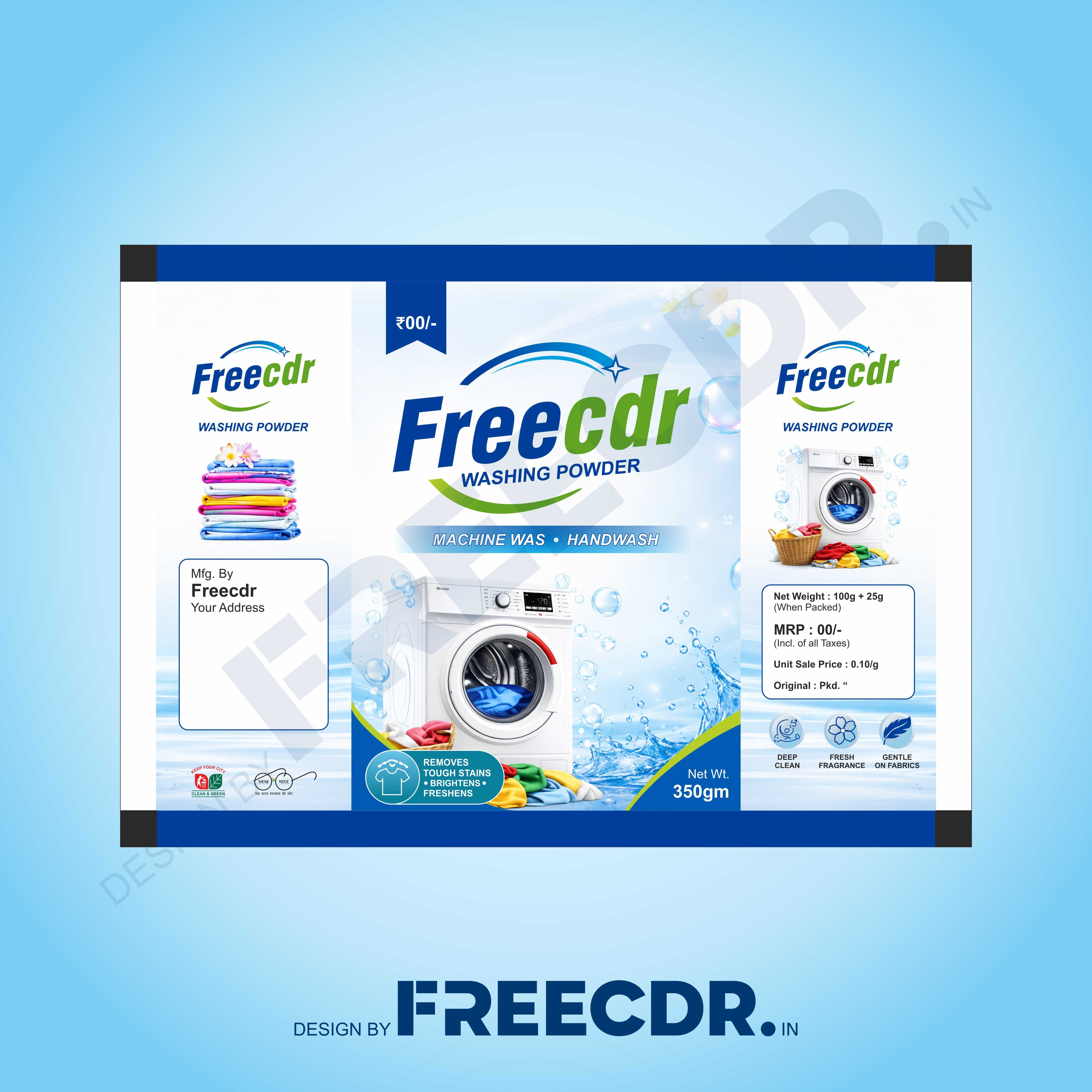 Free Washing Powder Packaging CDR Template - Fully Editable CorelDraw File for Laundry Product Manufacturers and Printing Press India