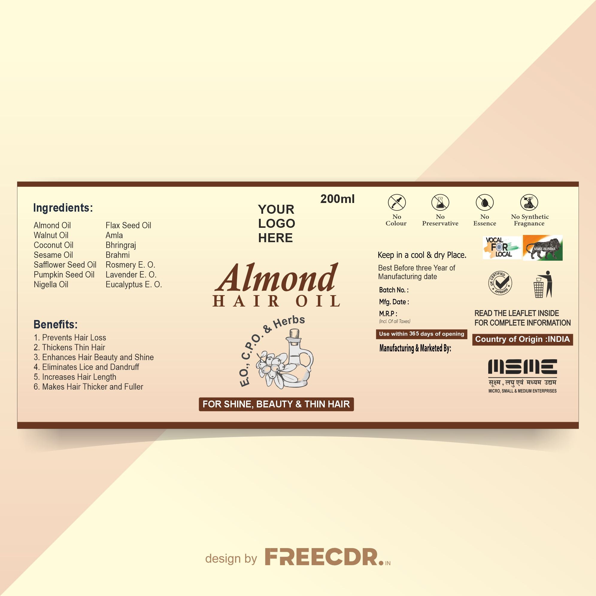 Free Almond Hair Oil Label CDR Template - Fully Editable CorelDraw File for Cosmetic Beauty Brands Label Designers Printing Press India