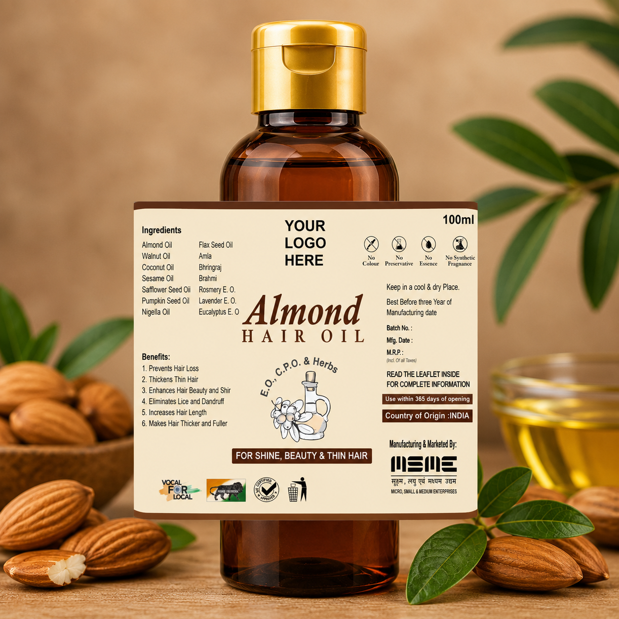 Premium Almond Hair Oil Label Design CDR Template - Free CorelDraw File for Hair Oil Manufacturers Ayurvedic Herbal Brands India