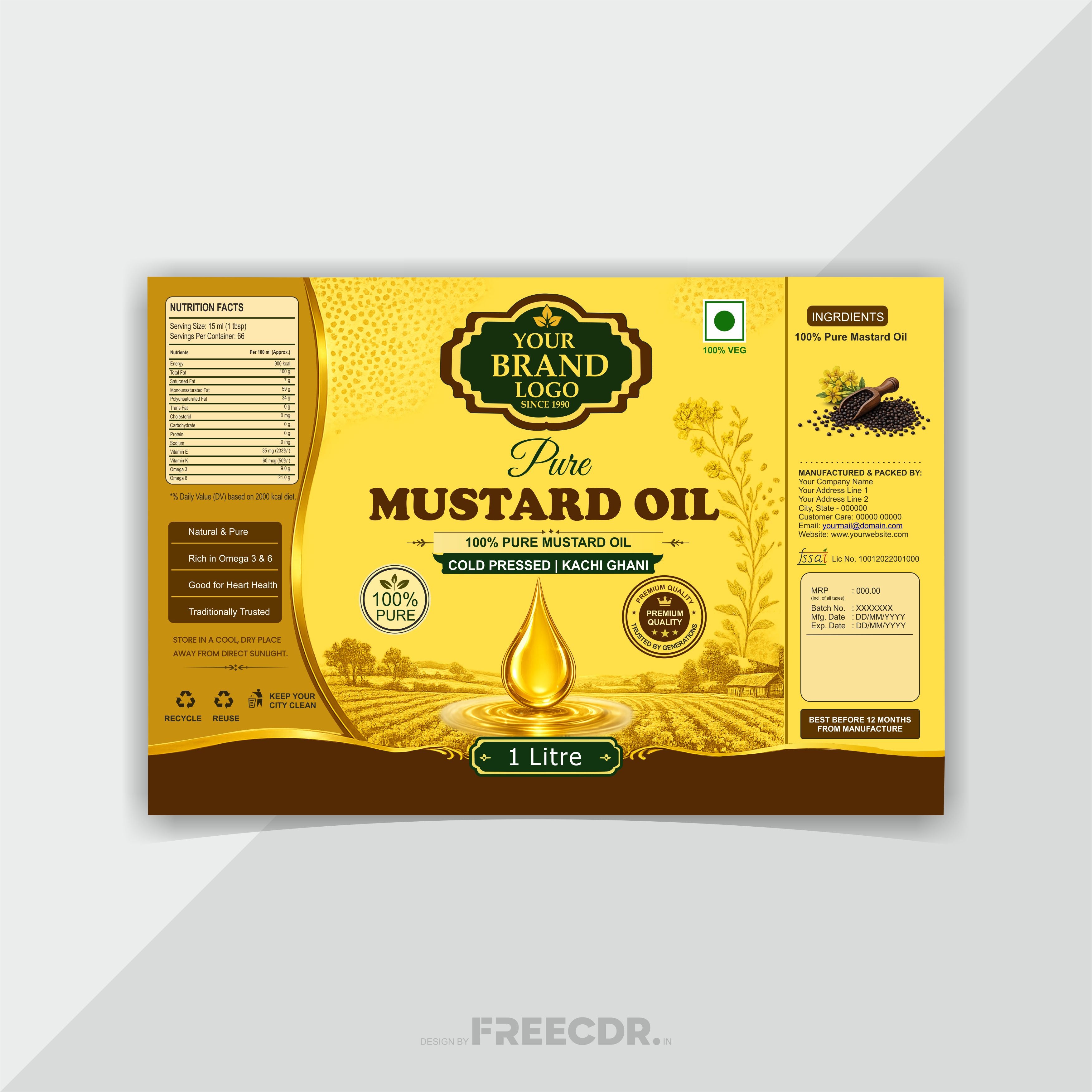 Mustard Oil Label Packaging CDR Template - Free Download for Kachi Ghani Oil Brands and Food Packaging Designers