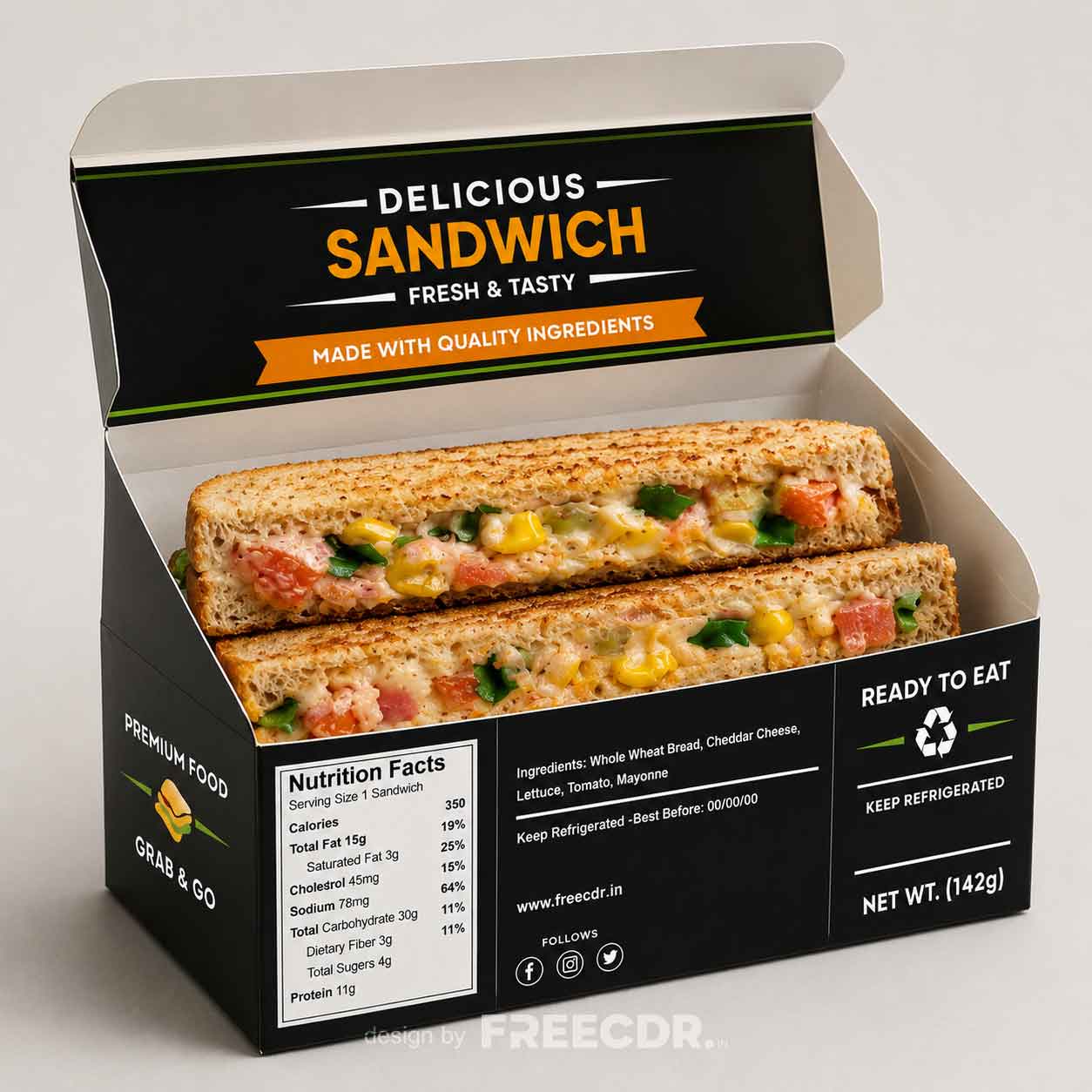 Delicious sandwich free corel template packaging with visible ingredients and nutrition facts.