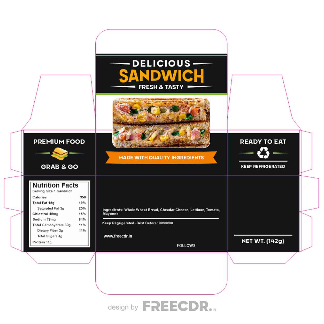 Sandwich packaging design with nutritional information and branding details with diy cutting.