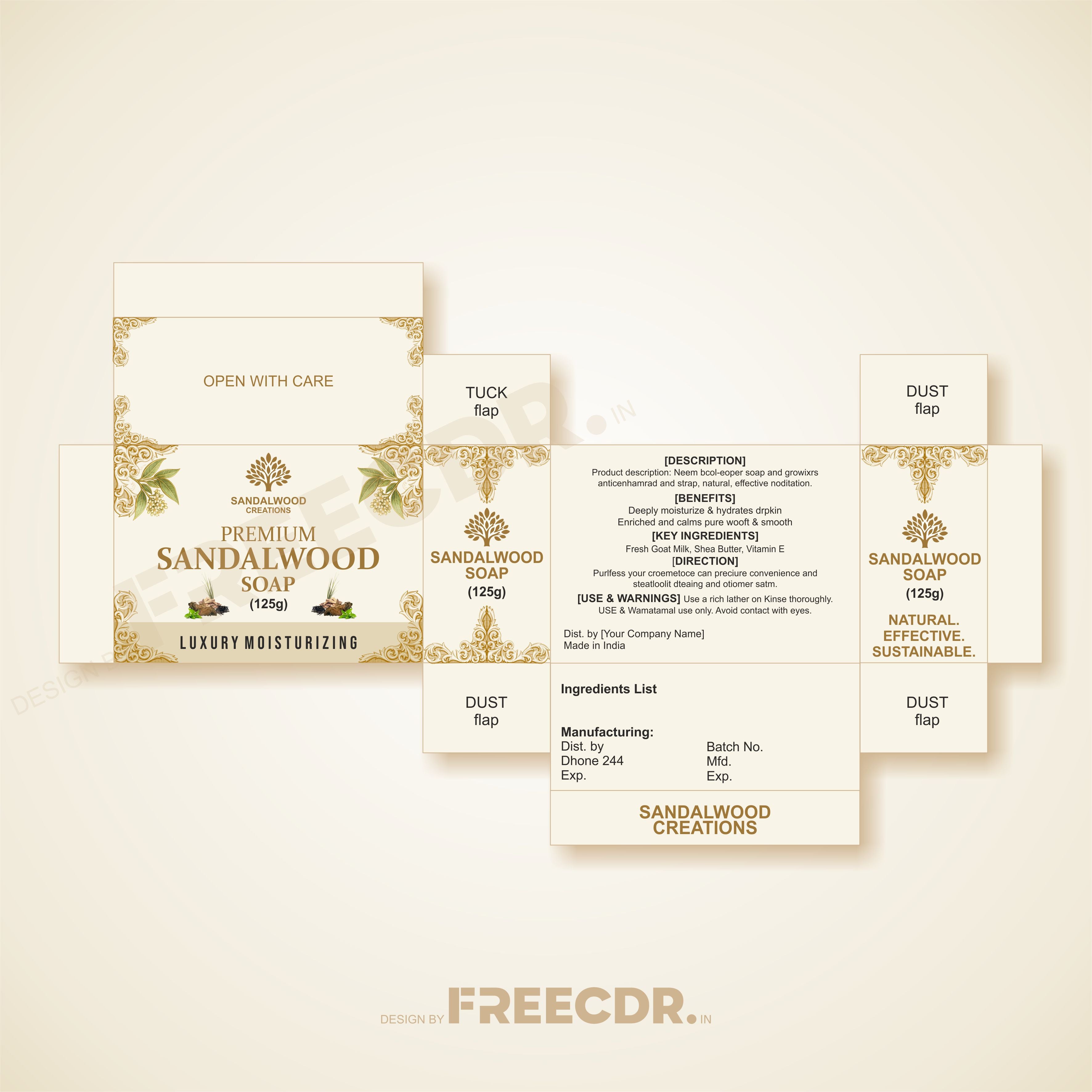 Free Sandalwood Soap Packaging Design CDR Template - Fully Editable CorelDraw File for FMCG Cosmetic Packaging Designers India