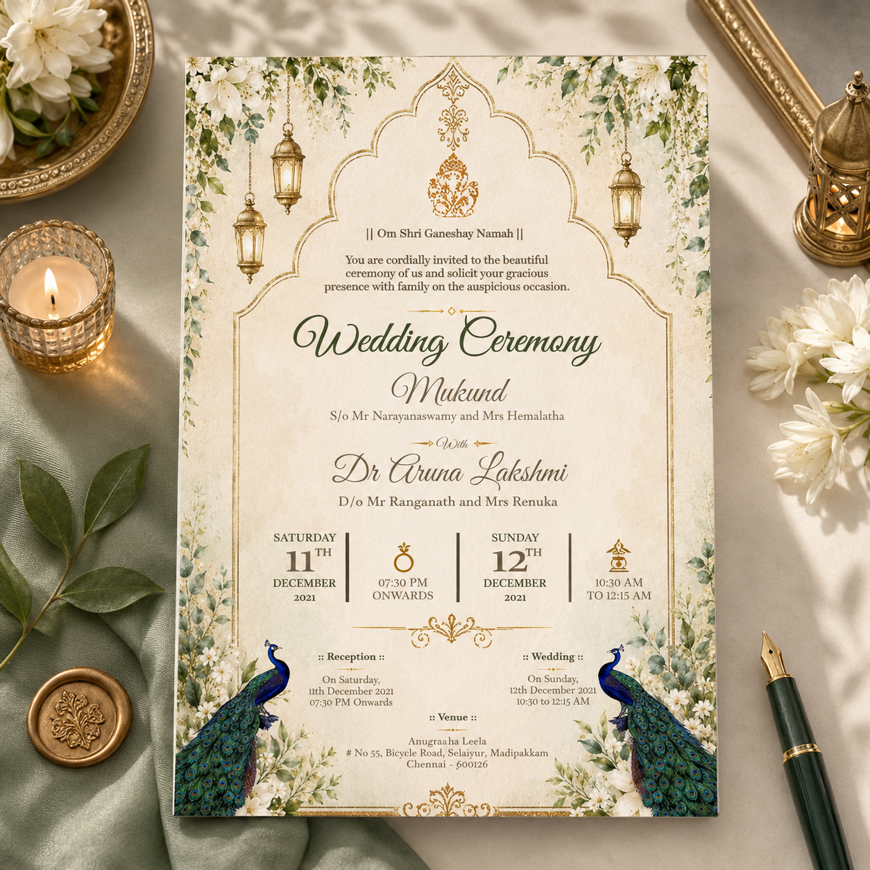 WEDDING-CARD-PEACOCK-Corel-Format
Wedding ceremony invitation card with peacocks, candles, and flowers on a decorative surface.