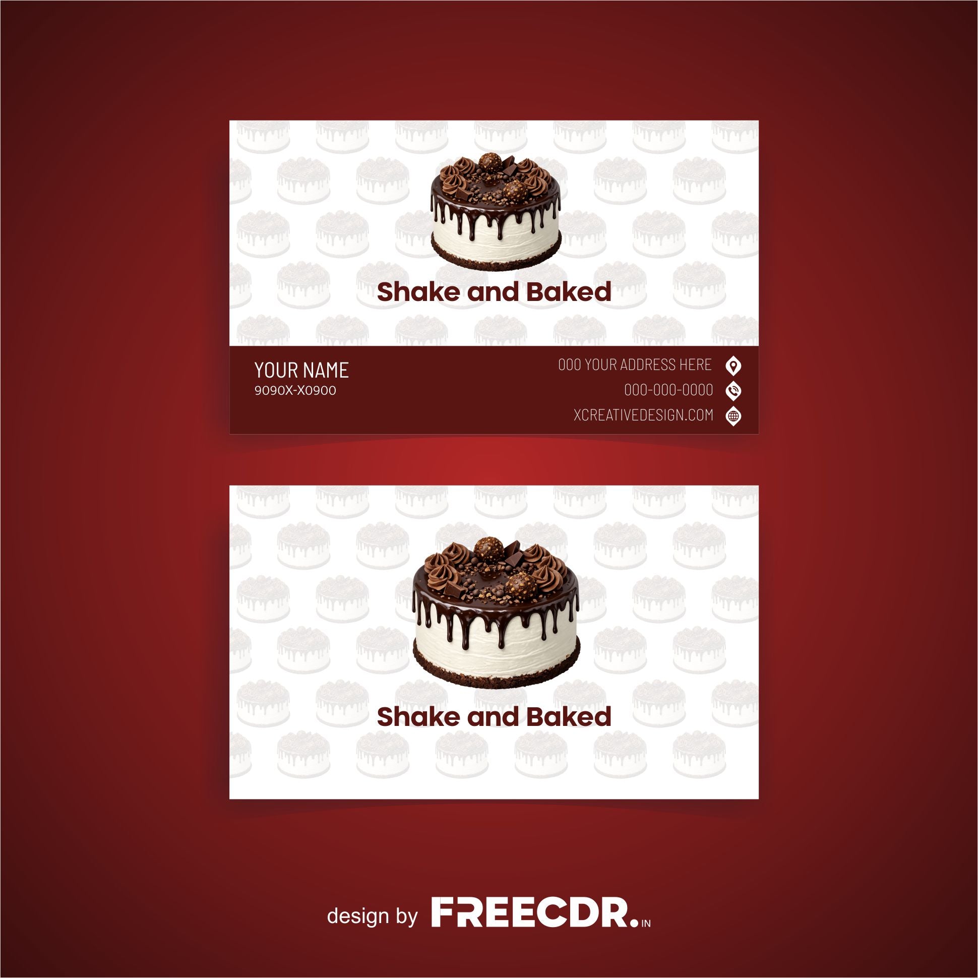 Business card design for 'Shake and Baked' with a chocolate cake illustration on a red background.