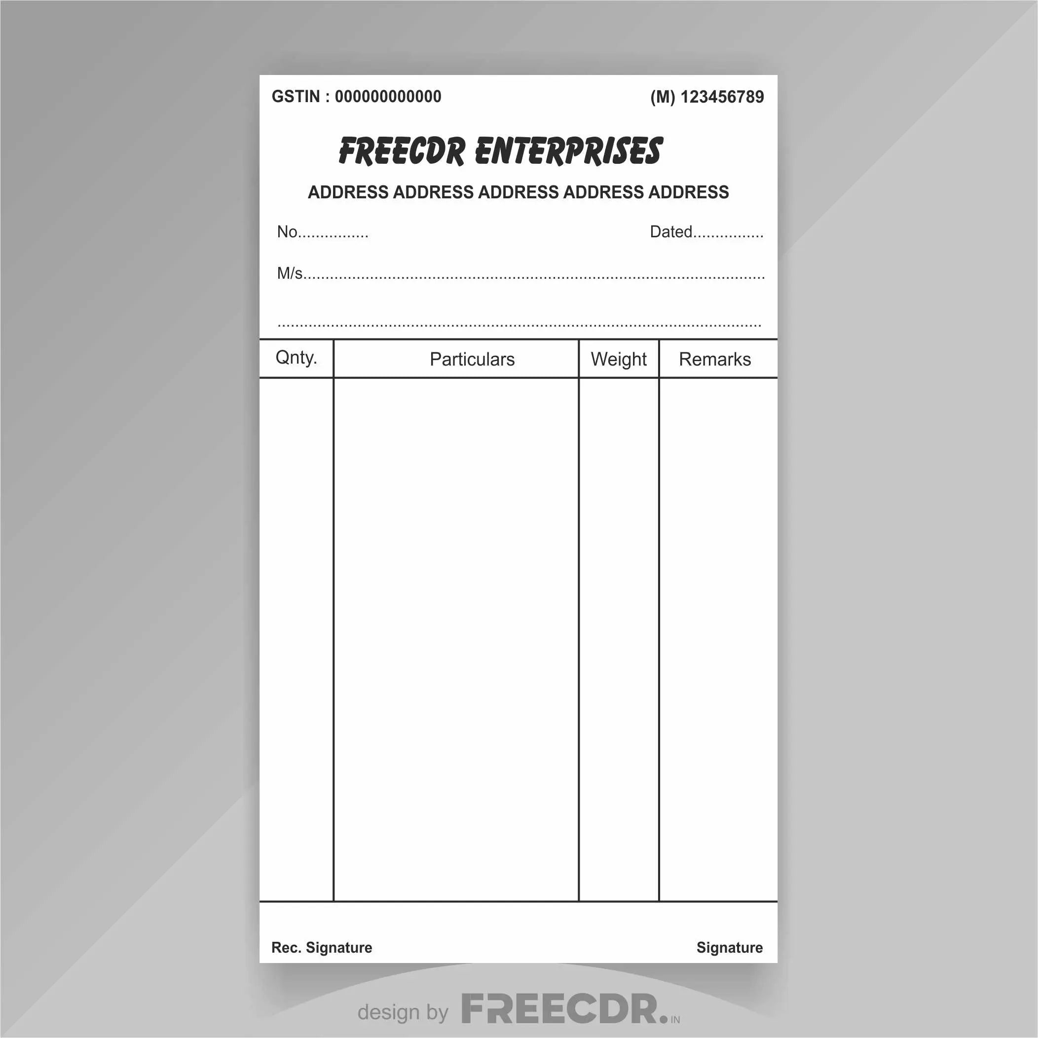 Blank receipt form with 'FREECDR ENTERPRISES' branding on a gray background
